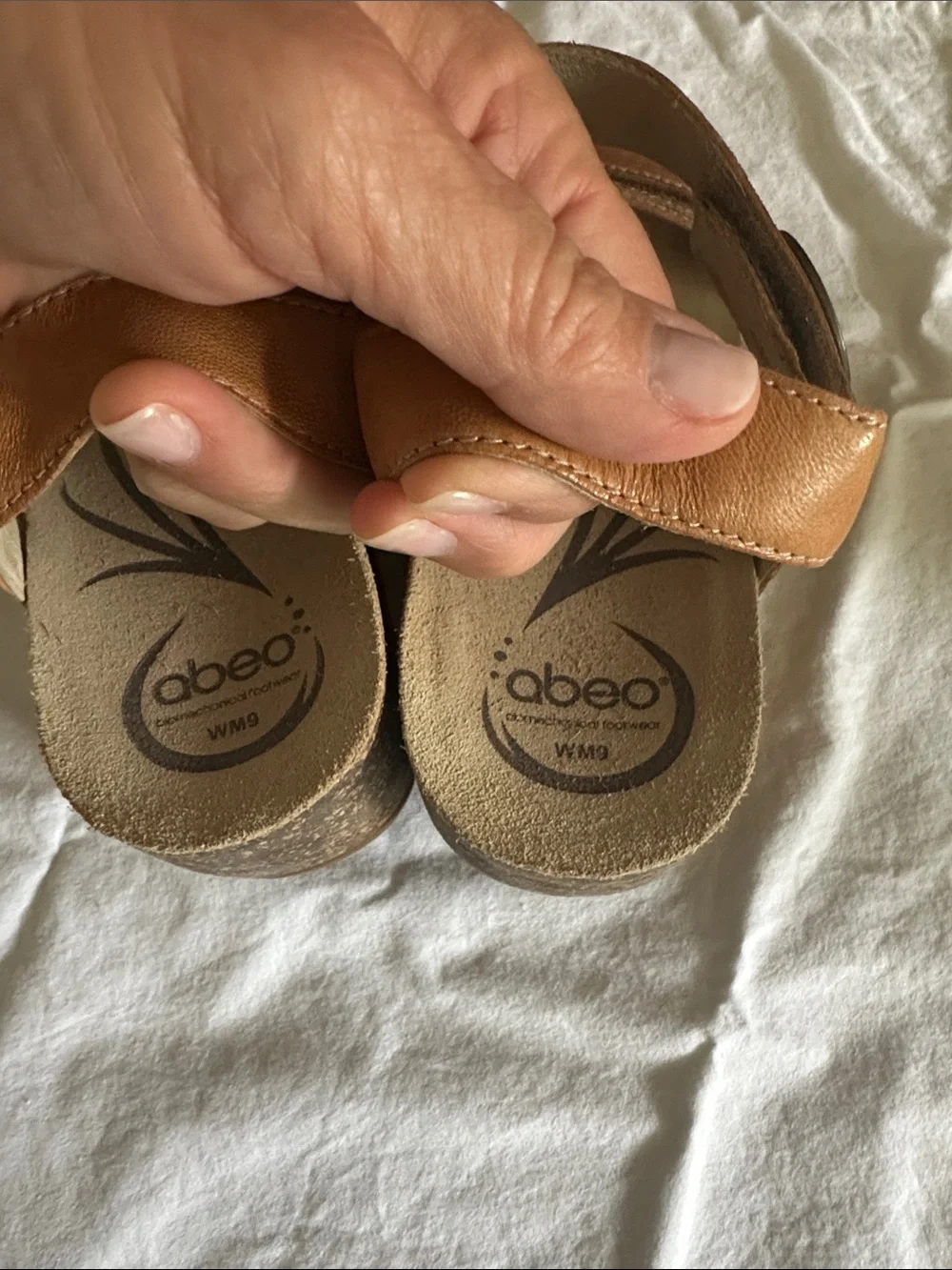 Abeo Una Tan Leather cork wedge Slingback Sandals 9 B.I.O